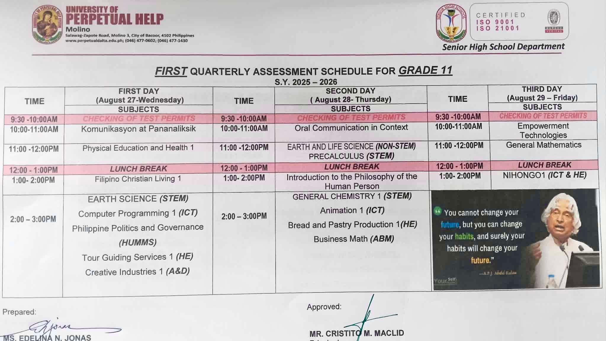 Schedule of 1st Quarter Assessment